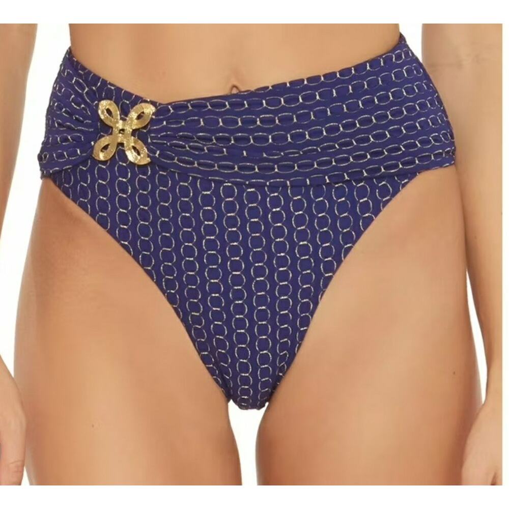 Trina Turk Swim Bikini Bottoms Sz 14 Blue & Gold High Waist Metallic NEW NWT